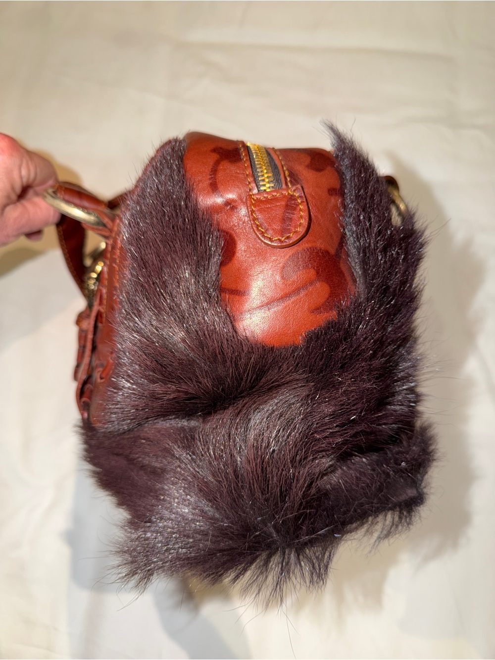 Just Cavalli Vintage brownLeather and Fur Accent Shoulder Bag with Gold Hardware - Picture 6 of 16